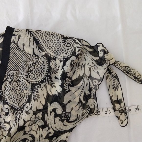 Anna Sui Floral Sheer V-neck Slit Short Sleeves Blouse Top Black Beige Size S - Picture 9 of 12